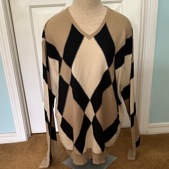 Gianfranco Ferre V-Neck Argyle Sweater in Black and Tan - Picture 1 of 5